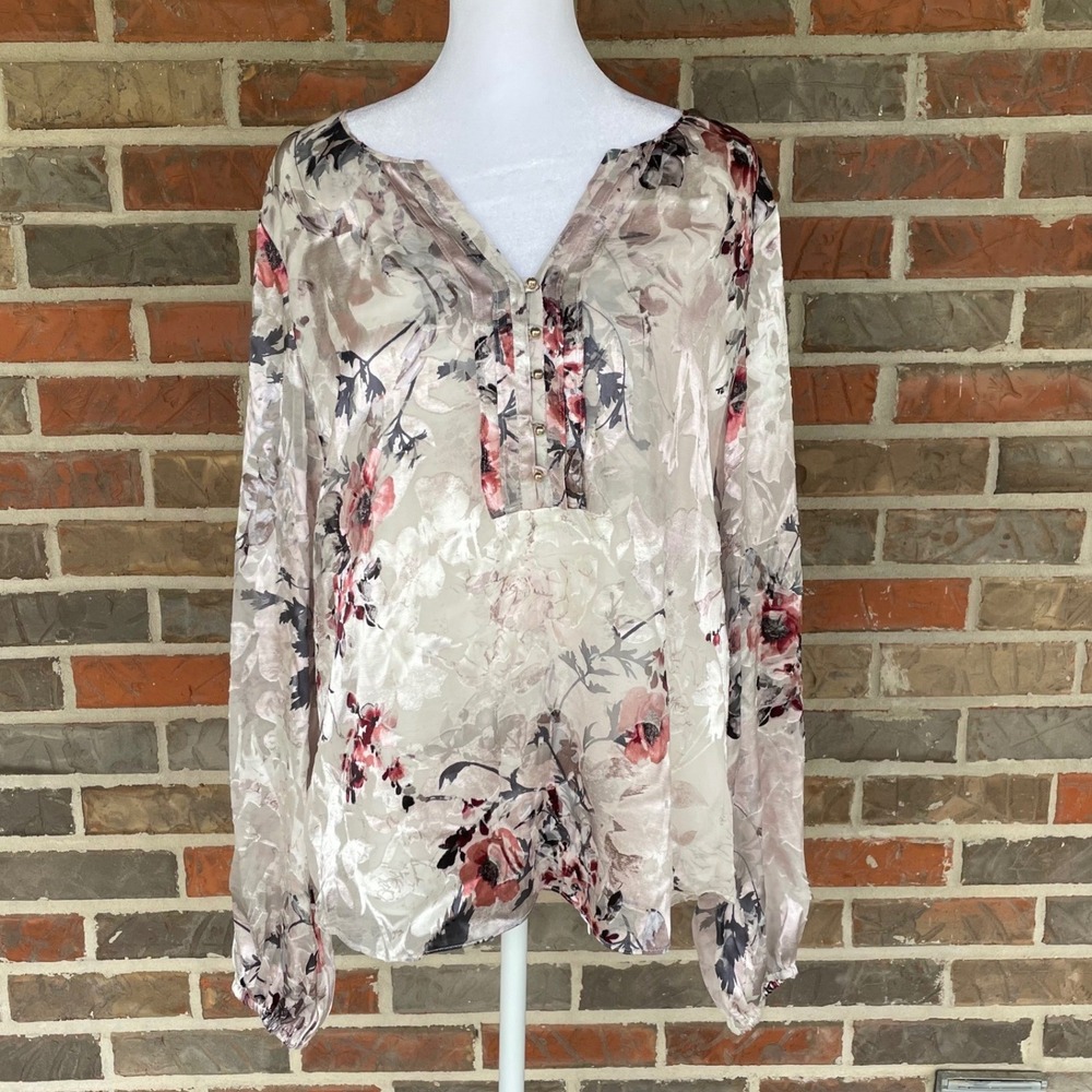 White House Black Market Floral Silk Blouse Womens 14 Ecru Burnout Velvet NWT
